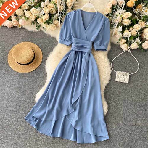 Women Summer Midi French Dress 2021 Sweet V-Neck Puff Sleeve