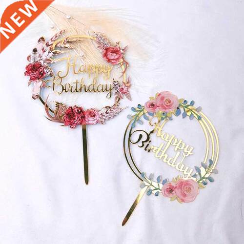 Flowers Cake Topper Happy Birthday Gold Silver Birthday Part