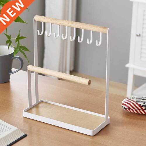 Jewelry Display Stand Holder with Wooden Ring Tray and Hooks