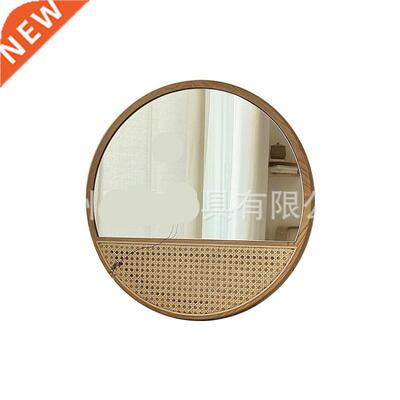 Solid wood round decorative mirror retro art ins wind
