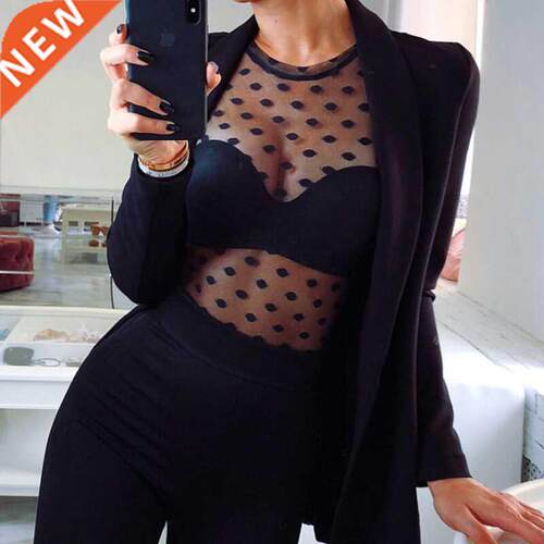 Mesh  Polka Dot T Shirt Women O Neck Long Sleeve T-Shirts