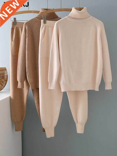 2 Pieces Set Women Knitted Tracksuit Turtleneck Sweater + Ha