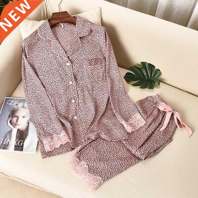 Lisacmvpnel Leopard Print Women Pajama Set Ice Silk Soft Tou