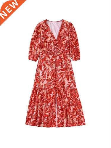 Women 2022 Summer New Chic Fashion Print Midi Dress Vintage
