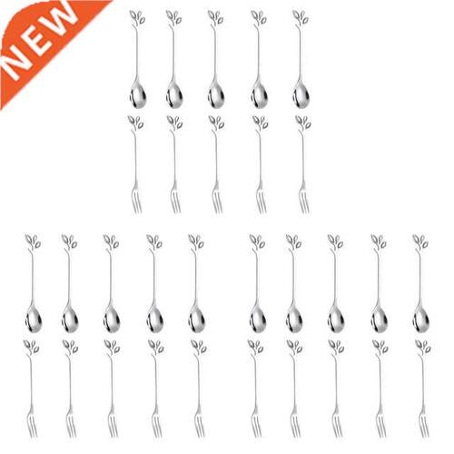 15Spoon+15Forks Stanless Steel Leaf Coffee Cake Spoon Fork