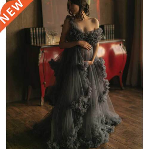 Dark Grey Maternity Dresses Tiered Ruffled Maternity Gown fo