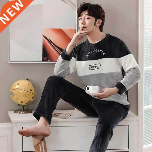 Thicken Warm Flannel Pajamas Set Male Long Sleeved Cartoon M