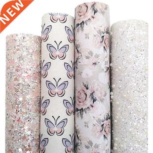 Butterflies Glitter Leather Prin Flowers Pearls White Chunky