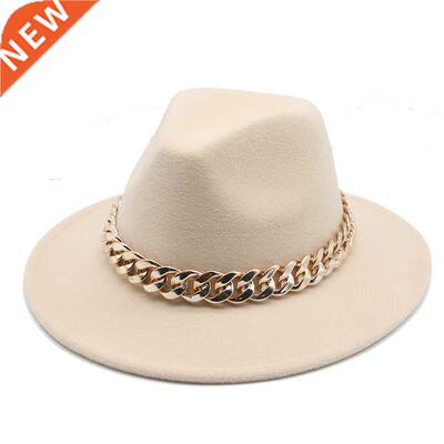 Fedora Hats for Women Men Wide Brim Thick Gold Chain Band Fe