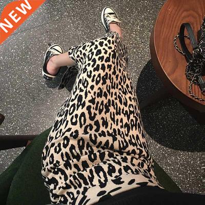2022 early spring new long slit knitted leopard skirt women