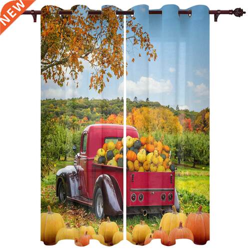 Autumn Pumpkin Truck Retro Farm Window Curtains Kitchen