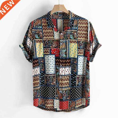 Mens Vintage Ethnic Style Printing Loose Short Sleeve Stand