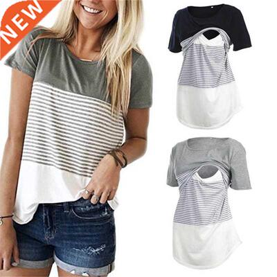 Women Maternity Breastfeeding Tee Nursing ops Striped Short
