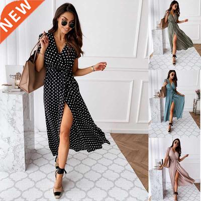 Women Dresses Summer Fashion Polka Dot Split Boho Dress Wome