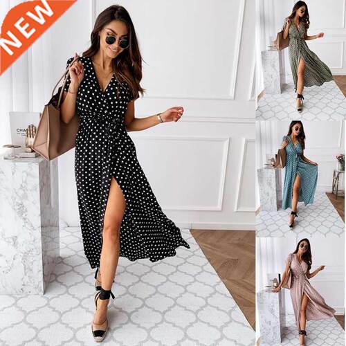 Women Dresses Summer Fashion Polka Dot Split Boho Dress Wome