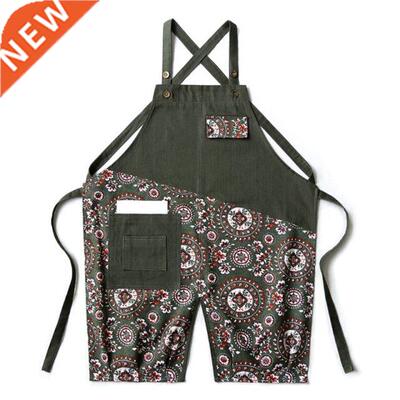 Floral Stitching Canvas Apron Cross Back Adjustable Chef Apr