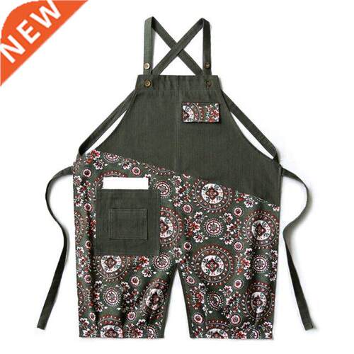 Floral Stitching Canvas Apron Cross Back Adjustable Chef Apr