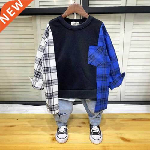 2021 Spring New Boys Hoodie Plaid Cotton Kids Clothing Long