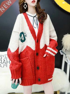 H.SA 2022 Women Oversized Cardigans V Neck Letters Emroider