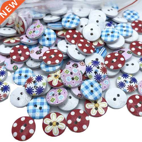30Pcs New Flower Printed Round Wooden Button 2 Holes 15mm