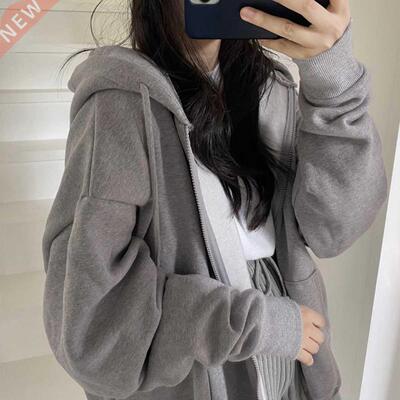 Women Korean Version Loose Hoodies Long Sleeve Zip Up Solid