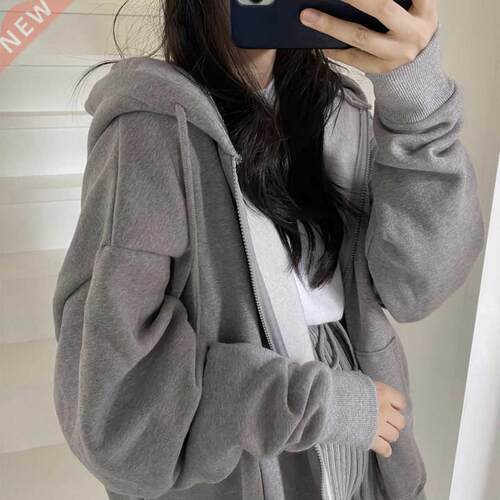 Women Korean Version Loose Hoodies Long Sleeve Zip Up Solid