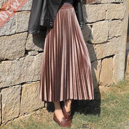 Gold Velvet Pleated Skirt Long Women&p;#39;s 2020 Autumn and