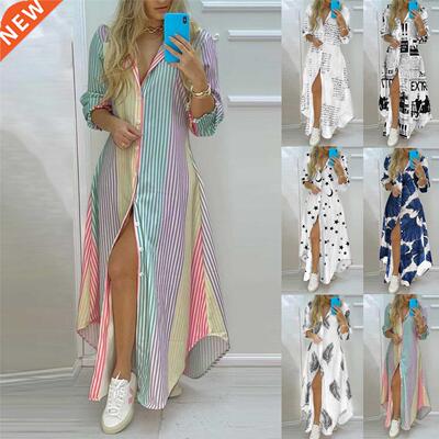 Women Stripe print Long Shirt Dress Fashion Boho Beach Butto