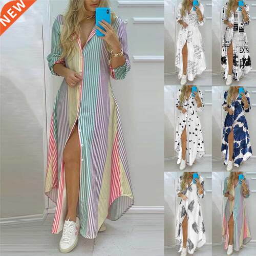 Women Stripe print Long Shirt Dress Fashion Boho Beach Butto