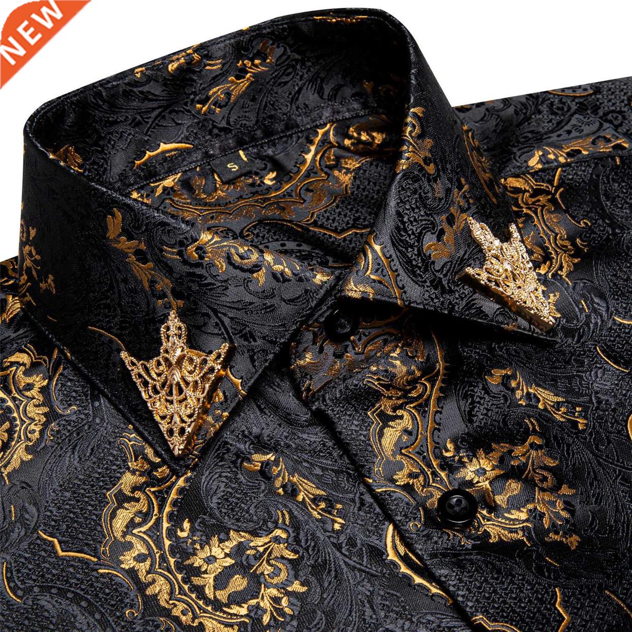 Men's Business Dress Shirts Black Gold Long Sleeve Formal Bu