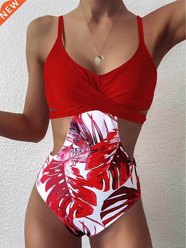 2022 Leaf Print Swimwear Women Skinny One Piece Swimsuit Mai