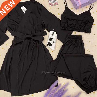 Women's Backless Satin Se Pajamas Black Lace Pyjamas With