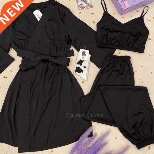 Women's Backless Satin Se Pajamas Black Lace Pyjamas With