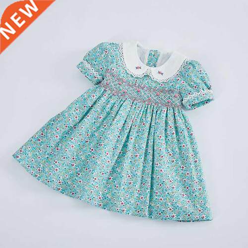 Kids Little Girls Handmade Smocked Floral Flower Print Dress