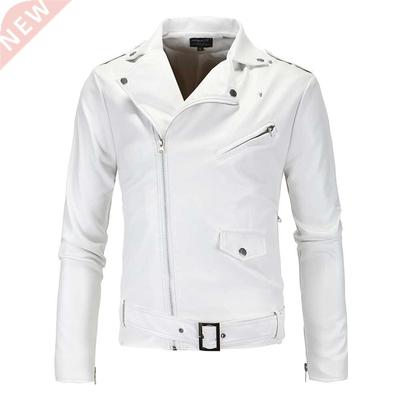 Men Slim White Leather Jackets Oblique Zipper Motorcycle Jac