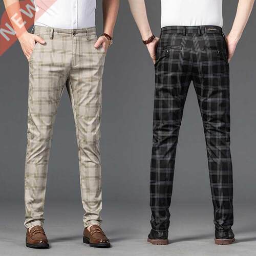 Black Beige Summer Plaid Pants Men Korea Style Regular Fit O