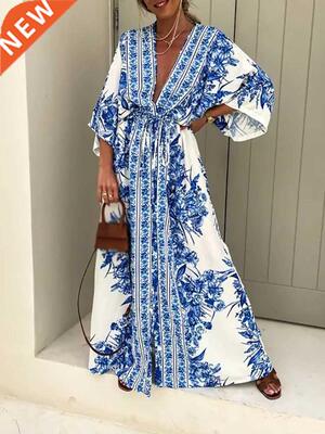 Boho Deep V Ne Waist Drawstring Long Dress Women Spring Pa