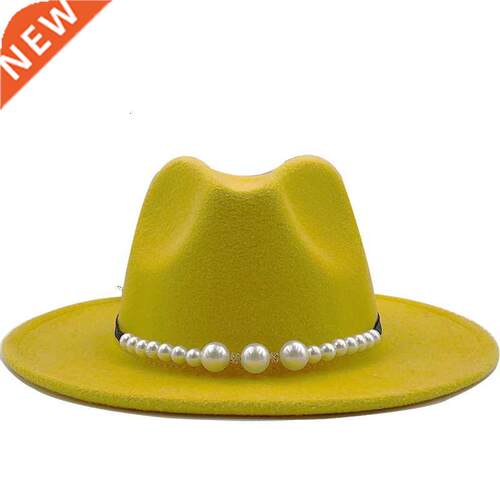 Simple Women Wool Fedora Hat With pearl Ribbon Gentleman Ele