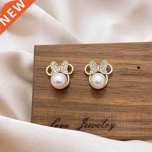 Korean Crystal Pearl Stud Earrings For Women Simple Bow Smal