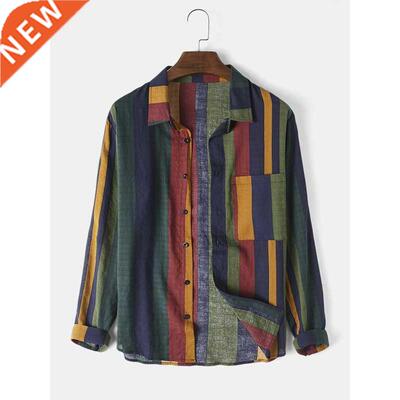 2022 New Stripe Shirt Men Long Sleeve Blouse Linen Male Butt