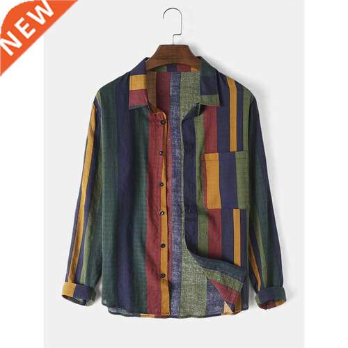 2022 New Stripe Shirt Men Long Sleeve Blouse Linen Male Butt