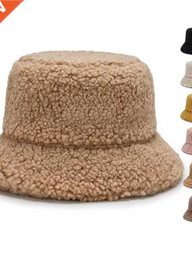 Lamb Faux Fur Bucket Hat Winter Warm Velvet Hats for Women L