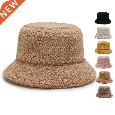 Lamb Faux Fur Bucket Hat Winter Warm Velvet Hats for Women L