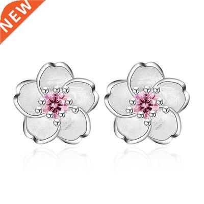Cherry Flower Blossoms Flower Crystal Stud Earrings Silver C