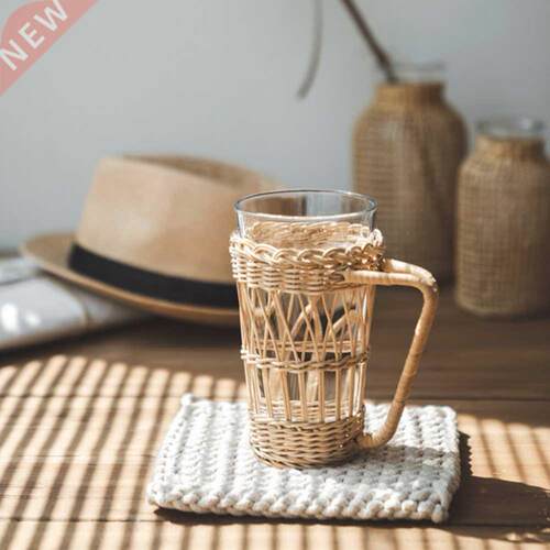 Japanese Style Rattan Woven Water Cup Cover with Glass Cup