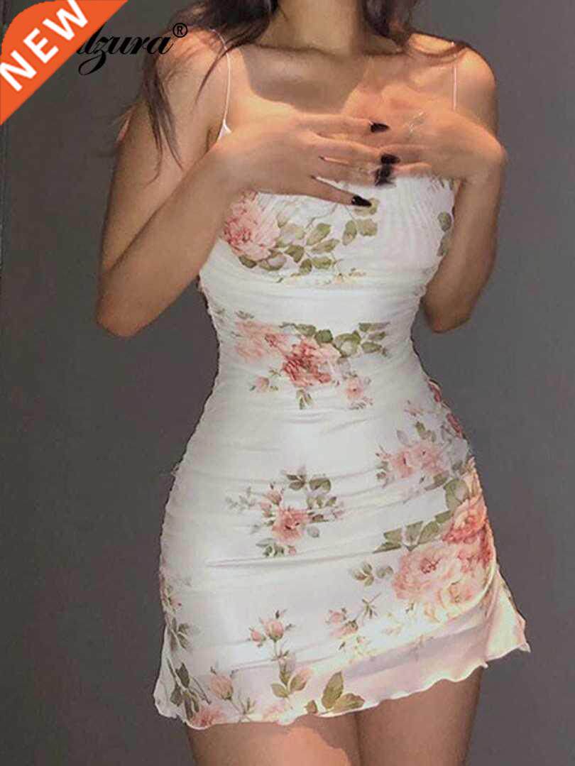 Women Mesh Strap Mini Dress Ruched Bodycon Party Club Elegan图片