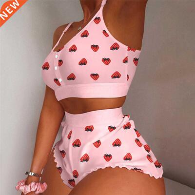 Women's 2 Pieces Kawaii Strawberry Print Frill m Cami Paja