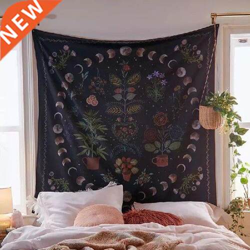 Psychedelic Moon Phase Tapestry Bohemia Flowers Plants