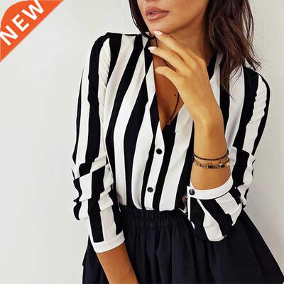 New Blouse Women Casual Striped Top Shirts Blouses Female Lo