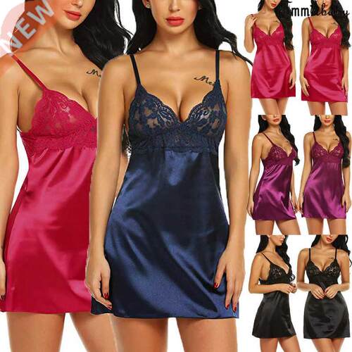 Women's Night Short Dress Nightgown Satin Silk Lace Lingerie